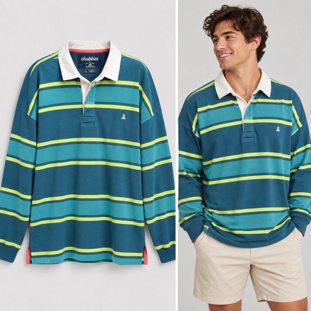 Chubbies Rugby Polo Mens Large Teal Striped Long Sleeve Cotton Preppy Coastal